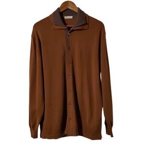 Ferrante 100% Merino Wool Cardigan L Double Collared Brown Sweater **Holes